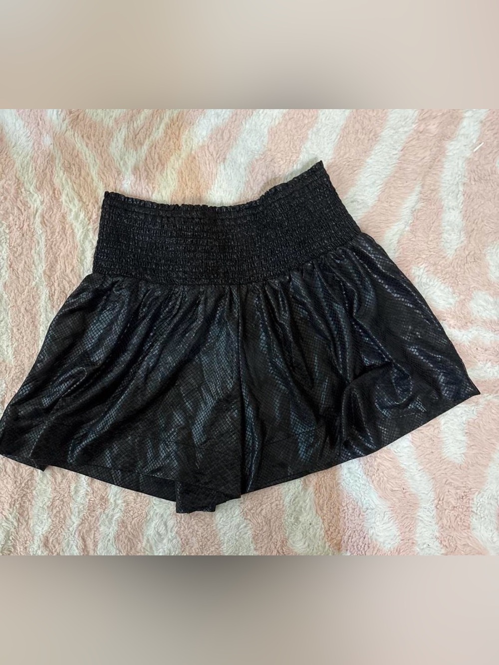 TCEC Black Faux Leather Smocked Waist Skort